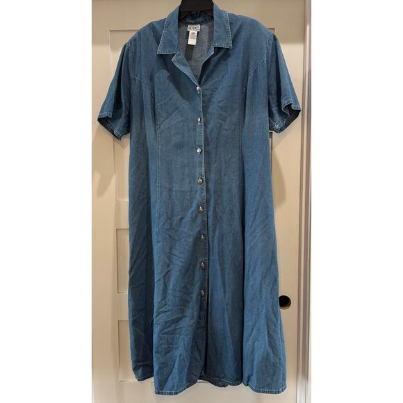 Koret City Blues Button Up Silver Embossed Button Tie Back Long Denim Dress 20W - Picture 1 of 13